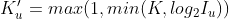 {K}'_u=max(1,min(K,log_2I_u))