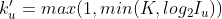 {k}'_u=max(1,min(K,log_2I_u))